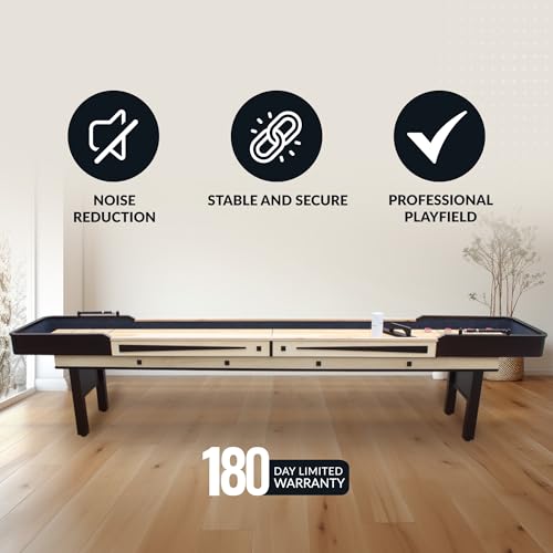 Hathaway Merlot 12 Foot Shuffleboard Table for Family Game Room - with Lacquer Coated Playfield, Built-in Scorer and Cabinet, Climate Adjusters, Leg Levelers, 8 Pucks, Brush, and Wax - Espresso Finish