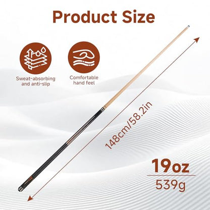 HMQQ 58" Maple Pool Cue Stick, 19oz 2-Piece Billiard Cue with 13mm Tip, Adjustable Weight, Linen Wrap, Stainless Steel Joint, Pool Cue for Beginners, Gift Ready with Carry Bag - color: Black