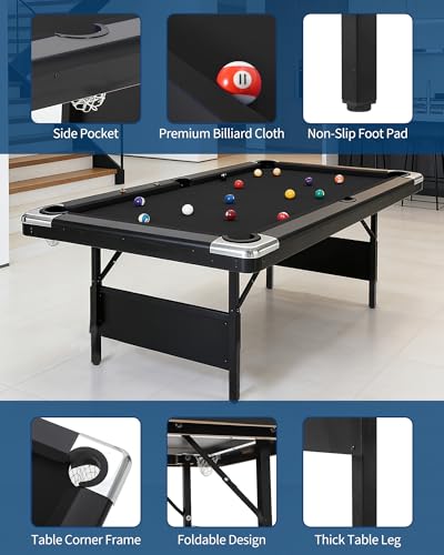 6/7 Foot Pool Table，Foldable Pool Table with Full Set of Balls, 2 Cue Sticks, Chalk & Felt Brush, Portable Billiards Table for Home, Family Game Room, Basement, Man Cave, Mesa De Billar