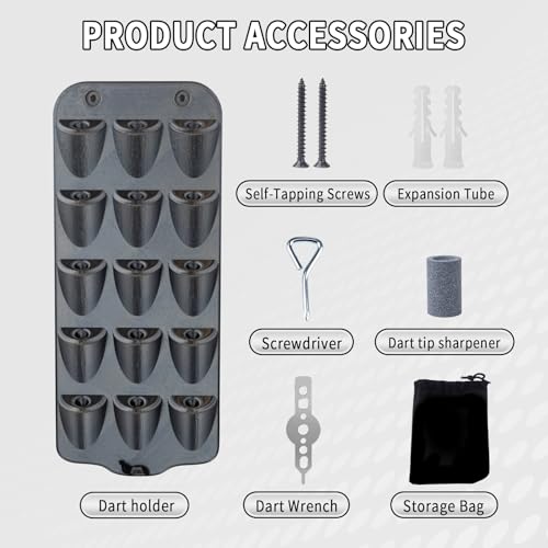 WodGod Dart Holder Wall Mount,Dart Display Rack Displays 15 Steel/Soft Tip Darts,with Storage Bag,sharpener, Wrench,Screws,expansion tube and Screwdriver