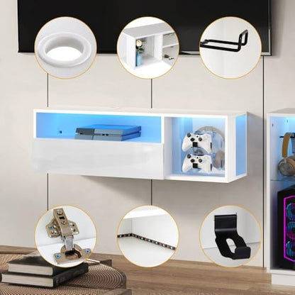 55" White TV Gaming Console with LED Lights - 4 Controller Hooks & 2 Headphone Hooks, Hidden Storage Cabinet, 30KG Top Load Capacity (White + Particle Board,Small) - size: Small