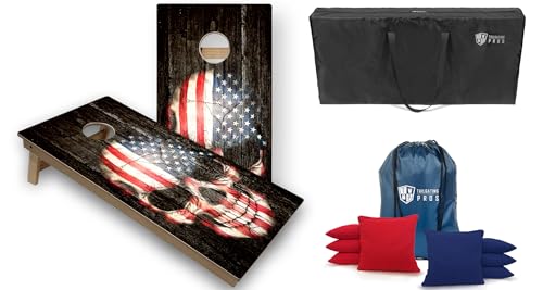 Tailgating Pros Tournament Grade American Themed Cornhole Board Set w/Built-in Multicolored Lights, Bean Bags, and Carrying Case - 4'x2' Cornhole Toss - color: Patriotic Skull