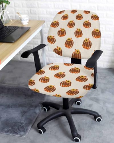 Savannan Office Chair Cover, Pastoral Fall Pumpkin Sunflower Protective Stretch Elastic Universal Cover for Desk Task Chair,Computer Rotating Chair 1 Pcs Orange and Retro Beige Linen