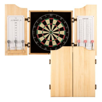 Dart Board Cabinet Set - Natural Pinewood Cabinet with Self-Healing Sisal Dartboard, 6 Steel Tip Darts, Dart Holders, Scoreboard, and Out Chart - Man Cave, Bar or Game Room Decor by Trademark Gameroom