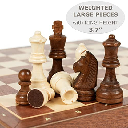 Magnetic Wooden Chess Set for Kids and Adults – 15 in Staunton Chess Set - Large Folding Chess Board Game Sets - Storage for Pieces | Wood Pawns - 2 Extra Queens