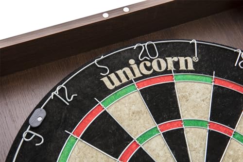 Unicorn Oxford Dartboard Cabinet Set - Official Size Bristle Board - Rotatable Metal Number Ring - Self-Healing Sisal Board - Round Metal Divider Wires - Black Laminate Cabinet with Wall Protection