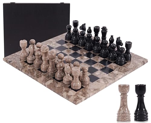 Marble Chess Set 15" Inches Oceanic and Black with Storage Box and 2 Extra Queen Handmade Luxury Board Games for Adults, Ideal Marble Chess Board Game Set & Chess Pieces - color: Oceanic & Black