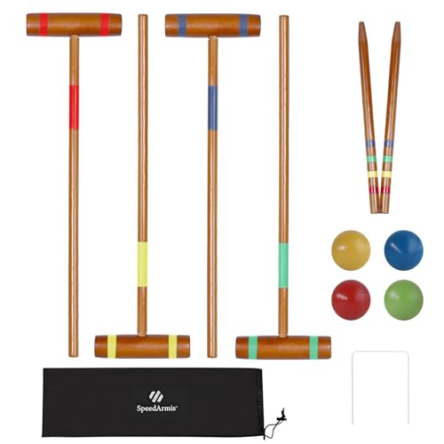 SpeedArmis 24In Croquet Set for 4 Players - Pine Wooden Mallets, Colored PE Ball, Wickets, End Stakes, Lawn Backyard Game for Family (Portable Carry Bag Including) - color: Mahogany Color