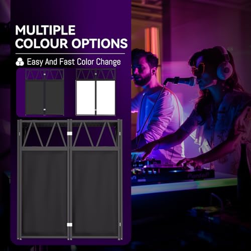 Portable DJ Booth Stand, 40" x 20" x 45" Foldable DJ Table with 8-Piece Black & White Lycra Scrim Facade, 200lbs Capacity Metal Event Booth with Corner Shelves, Cable Ports & Carry Bag - size: 40x20 with Triangle