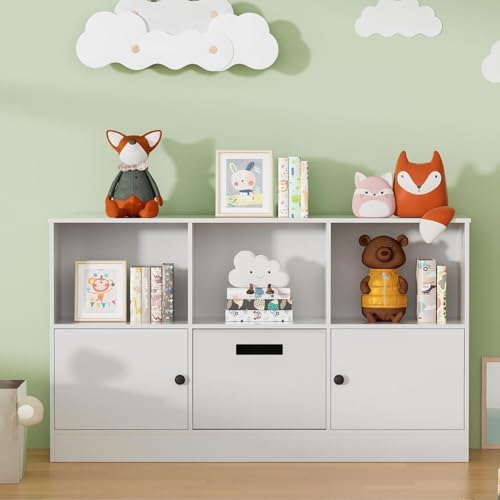 Housoul Cube Bookcase with 2 Doors, 6-Cube Wooden Bookshelf with Fabric Drawer, 2-Tier Floor Standing Display Cabinet Organizer, Kids Open Shelf Low Bookcase for Living Room, Bedroom, Office, White
