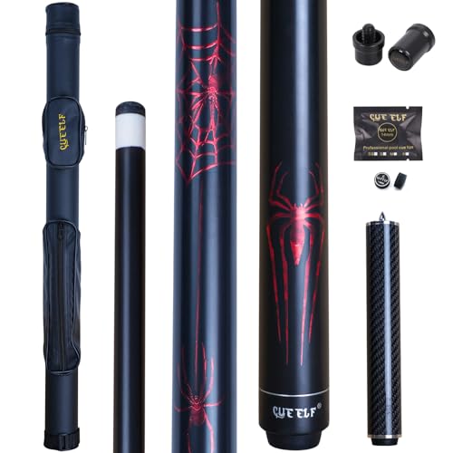 CUEELF 58" 2-Piece Low Deflection Pool Cue Spider Pattern, Spray Black Maple Forearm with Carbon Fiber Extension, 1x1 Hard Case, Joint Protectors & Replacement Tip - color: Red, size: 21 oz