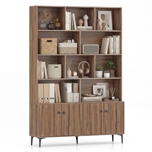 Giantex 68.5" Tall Bookcases and Bookshelves with 4 Doors, Floor Standing 5 Tier Bookshelf Display Shelves, Bookcase with Storage Cabinet, Decor Furniture for Home Office,Living Room, Walnut - color: Walnut, size: 47" x 12" x 68.5"
