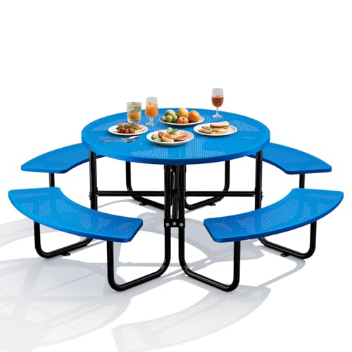 83" Round Heavy Duty Picnic Table for Outdoors Commercial Camping Table with Umbrella Hole up to 1.78" Blue Coated Steel Frame Waterproof Rust Resistant 3200 lbs Load Capacity - color: Blue, size: Round