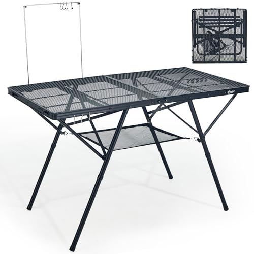 Portal Iron Mesh Folding Grill Table with 2 Adjustable Heights(15" & 29"), Heavy Duty Metal Camp Table, Heat-Resistant Tabletop for BBQ & Outdoor Cooking, One-Piece Folding Design, Dark Gray