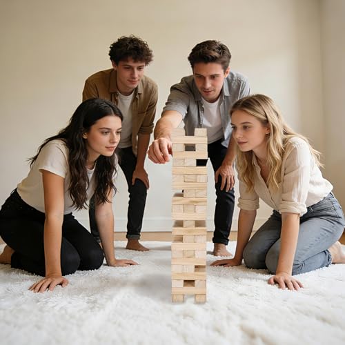 Offelec Tumbling Tower Blocks Games,Large Wooden Blocks Stacking Game for Kids Adults Family Classic Stacking Board Games for Indoor Outdoor Backyard Lawn Stack to Over 3.2Ft- 60pcs with Carrying Bag - style: Over 3.2Ft