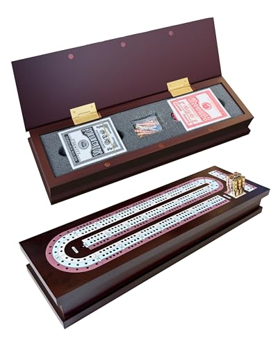 Wooden Cribbage Board Game Set with Cards & Metal Pegs – Foldable 3 Track Cribbage Board with Magnetic Lock, Large Storage Area – Travel Portable Cribbage Game for Adults & Family