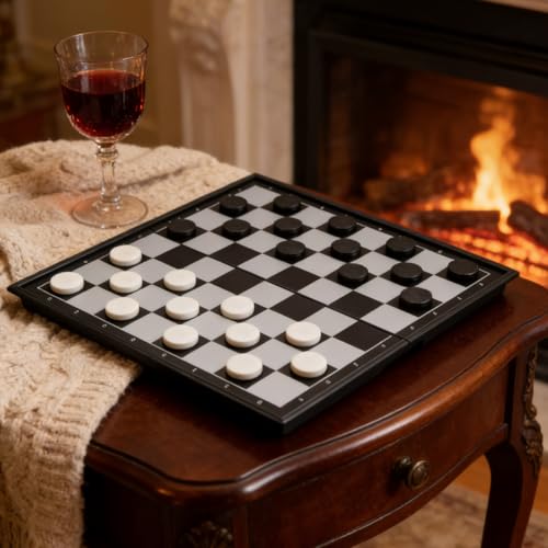 Classic Folding Checkers Set, 8x8 Checker Board with 24 Pieces, 9x9 Inch Portable Travel Checkers for Family