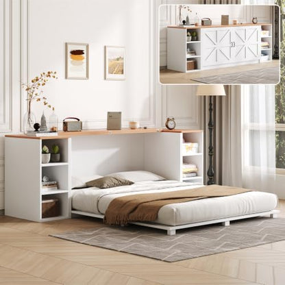 Queen Murphy Bed Cabinet, Farmhouse Murphy Bed with Wooden Foldable Platform, 6 Open Cubby Storage Shelves, Saving Space Wall Bed for Guest Room, Home Office & Apartment, White - size: Queen (U.S. Standard)