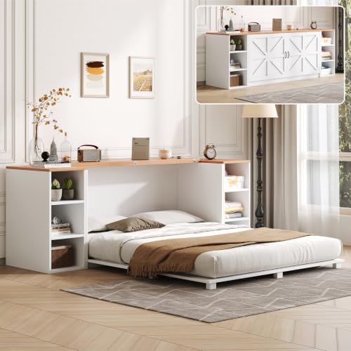 Queen Murphy Bed Cabinet, Farmhouse Murphy Bed with Wooden Foldable Platform, 6 Open Cubby Storage Shelves, Saving Space Wall Bed for Guest Room, Home Office & Apartment, White - size: Queen (U.S. Standard)
