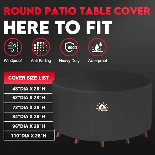 Zettum Round Patio Table Cover 48 Inch - 600D Outdoor Furniture Cover Round Waterproof & Heavy Duty, Lawn Furniture Set Covers for Outside Dining Table and Chairs Seating Combo - 48 x 48 x 28 Inch - size: 1) Round - 48"D x 28"H