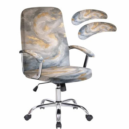 Abstact Marble Texture Office Chair Cover with Armrest Covers, Grey Brown Gold Gradient Art Universal Stretch Desk Rotating Chair Slipcovers, Removable Seat Protector with Zipper, L - color: Grey, size: Large & 2PCS Armrest Covers