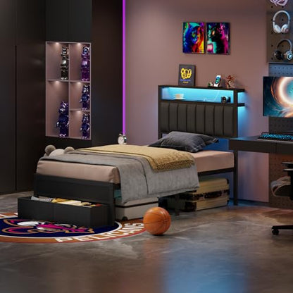 Furnulem Twin Bed Frames with Charging Station and LED Lights, Grey Upholstered Headboard with Shelves, Metal Platform Bed with 2 Under-Bed Storage (Fabric Drawer on Wheels), No Box Spring Needed - size: Twin