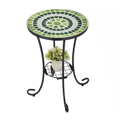 VCUTEKA Outdoor Side Table Mosaic Patio Table Accent Tables Mosaic Tile Top Metal Frame Small End Tables Porch Beach Patio Garden Balcony Grass Green - color: Grass Green