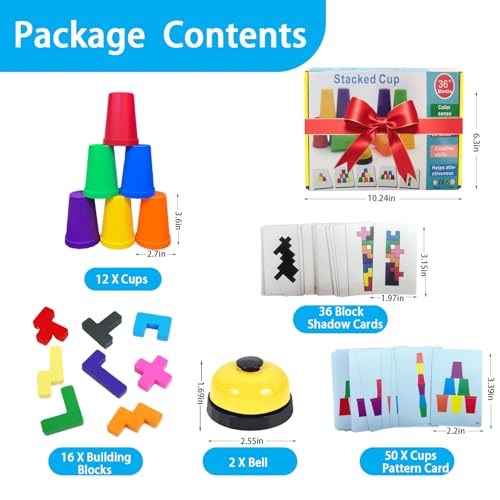 Cup Stacking Game Set with Cards and Bell, Quick Stack Speed Game + Building Blocks Puzzle 2-in-1, Family Party Game for Kids Ages 3-8, STEM Educational Toy 48 Pieces