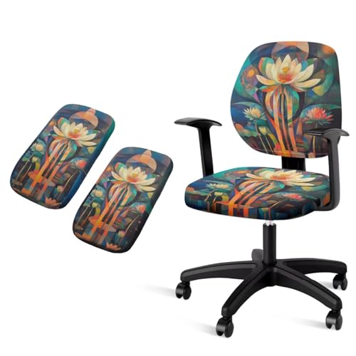 Lotus Flower Desk Chair Cover Stretchable 4-Piece Set Include Office Chair Arm Pads Elastic Washable Dustproof Seat Cover for Office Chairs with Backrest Pad for Home Use - color: Lotus Flower