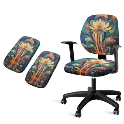 Lotus Flower Desk Chair Cover Stretchable 4-Piece Set Include Office Chair Arm Pads Elastic Washable Dustproof Seat Cover for Office Chairs with Backrest Pad for Home Use - color: Lotus Flower