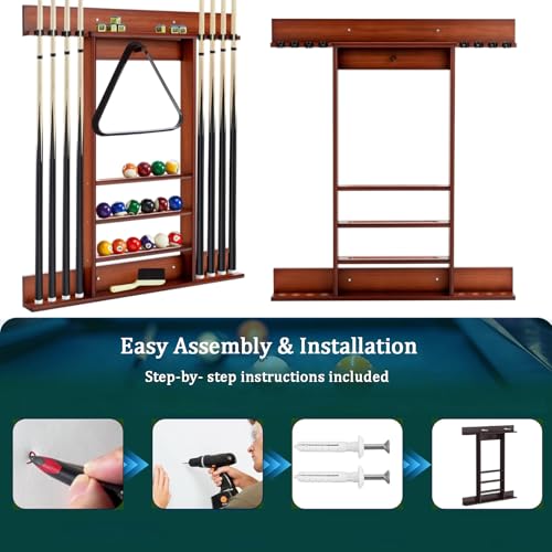 SUPERDIAMOND 8 Pool Stick Holder, Wall Mount Pool Cue Rack for Pool Table Accessories, Made of 100% Solid Wood Billiard Cue Holder Wall Mounted Display Stand for Game Room (Holds 8 Cues &Brown) - size: 8 Cues, style: SU-wa-8 Cue Racks-brown