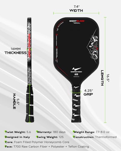 Nightblade Raw Carbon Fiber Pickleball Paddle, Foam Filled Polymer Honeycomb Core, UPA-A & USAPA Approved, Endura Friction Surface, Long Handle for Two Handed Backhand, Enhanced Impact Feel & Spin - style: 16mm