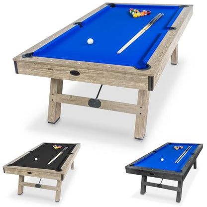 GoSports 8 ft Pool Tables with Wood Finish - Choose Your Style - Modern Billiards Table with 2 Cue Sticks, Balls, Rack, Felt Brush and Chalk - color: Blue, Brown Wood Finish