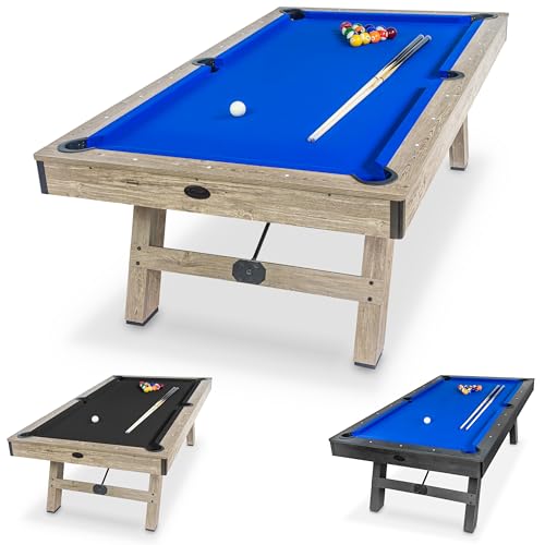 GoSports 8 ft Pool Tables with Wood Finish - Choose Your Style - Modern Billiards Table with 2 Cue Sticks, Balls, Rack, Felt Brush and Chalk - color: Blue, Brown Wood Finish