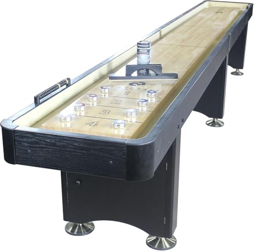 Playcraft Woodbridge Shuffleboard Table with Storage Cabinet - Shuffle Board Game Table Set with Matching Abacus, 8 Pucks, Brush & Wax (Made in USA) - Pro Style Climate Adjusters - color: Black, size: 14 Feet - 2 Piece