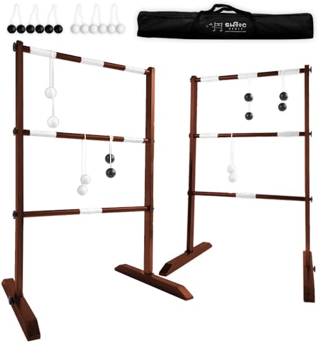 SWOOC Games® - Premium Wooden Ladder Ball Game Set (Weather Resistant) - with 10+ Games & Carrying Case - Easy, No Tool Set Up - Premium Ladder Toss Outdoor Game - Backyard Ball Toss Games