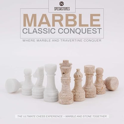 Marble Chess Pieces 3.5 Inch Travertine and White Stone Chess Figures for Chess Board, Draughts & Travel Set, Ideal Strategy Board Games for Adults & Table Top Game Accessories - color: Travertine & White