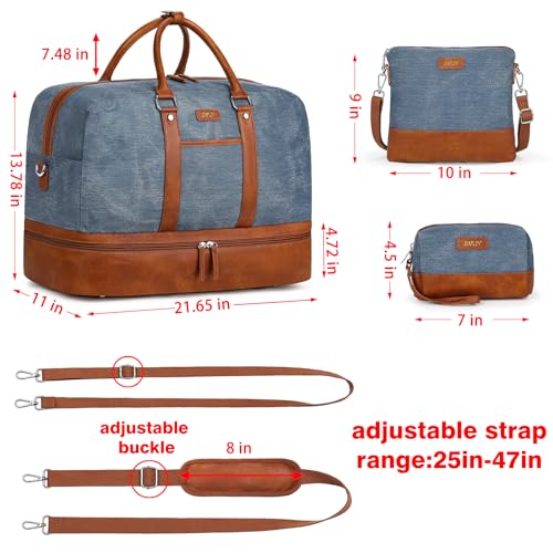 Weekender Bag for Women, Large Overnight Bag Canvas Travel Duffel Bag Carry On Tote with Shoe Compartment 21" 3Pcs Set - color: A13-brown+blue