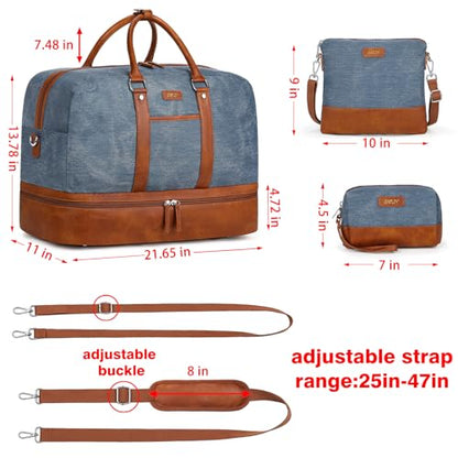 Weekender Bag for Women, Large Overnight Bag Canvas Travel Duffel Bag Carry On Tote with Shoe Compartment 21" 3Pcs Set - color: A13-brown+blue