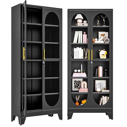 75" H Locking Display Cabinet with Glass Door, Tall Storage Cabinet with 5 Adjustable Shelves, Metal Curio Cabinet Multi-Purpose Display Case for Collectibles Living Room/Bedroom/Kitchen/Bar - color: Black, size: 75''H