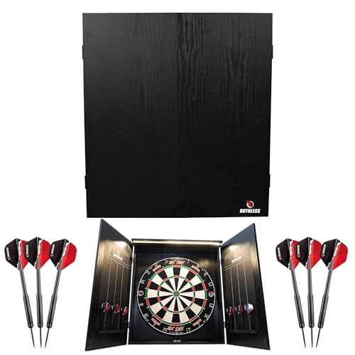 Ruthless Home Darts Centre with or Without LED Light Options | Home Dart Board Centre Including Cabinet, Dartboard and 2 Sets of Darts. - style: Black + LED Light