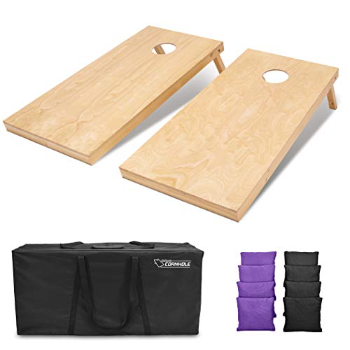 GoSports Regulation Size Wooden Cornhole Set with Natural Wood Finish - Includes Carrying Case - color: Black & Purple