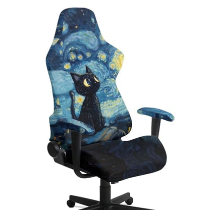 Suobstales Cat Starry Night Print Gaming Chair Slipcovers, Office Chair Cover Stretch Computer Desk Chair Covers with Armrest Covers, Rotating Armchair Protector Covers - color: Cat Starry Night