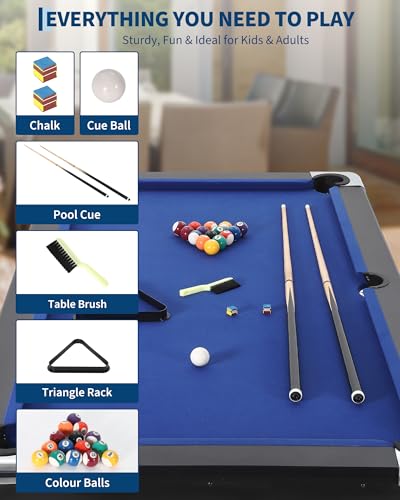 6/7 ft Pool Table, Folding Billiard Table, Portable Pool Tables with Billiard Balls, 2 Cue Sticks, Felt Brush & Chalk for Family Game Room & Home Recreation - color: Blue-6FT