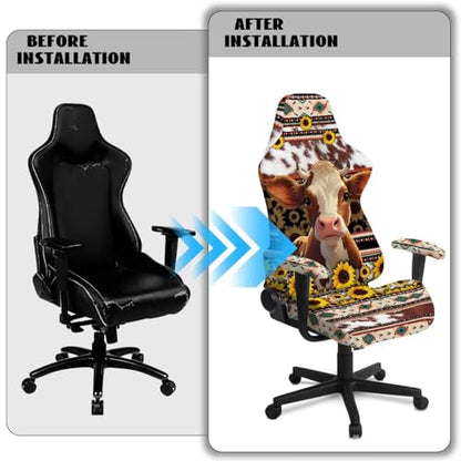 Aztec Tribal Gamer Chair Cover Set of 4 Cow Sunflower Print Computer & Gaming Chair Slipcover with 2 Armrest Covers for Ergonomic Game Rotating Office Chairs - color: Brown - Aztec Tribal Cow Sunflower