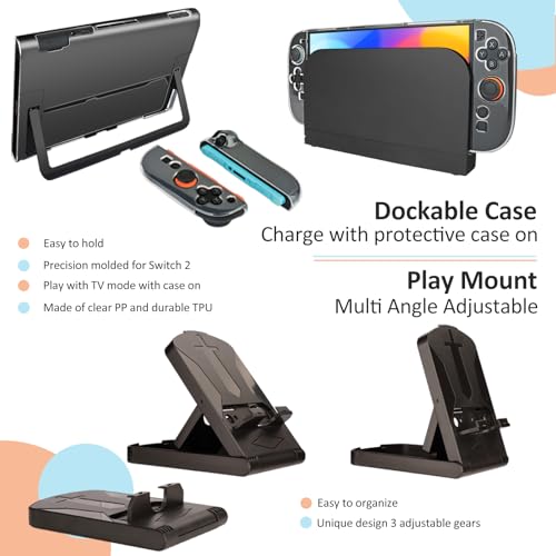 Accessories for Switch 2 - Family Bundle for Nintendo Switch 2,Carry Case,Portable Joy Con Charger,4 Pack Steering Wheels and Hand Grips,Dockable Case Kit,Stand and More