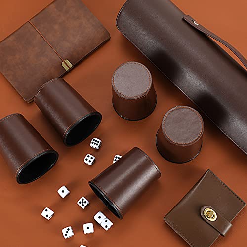Leather Dice Cup Set, 5 Black Dice Cups + 25 Dices + Exclusive Storage and Transport Case Made of Faux Leather (Brown x2) - color: Brown X2