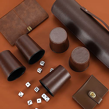 Leather Dice Cup Set, 5 Black Dice Cups + 25 Dices + Exclusive Storage and Transport Case Made of Faux Leather (Brown x2) - color: Brown X2