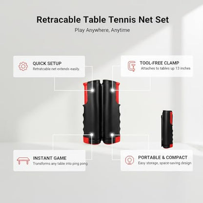 Retractable Table Tennis Net Set, Clamp-On Ping Pong Net for Standard Tables, Portable Polyester Mesh with Quick Setup - color: Black