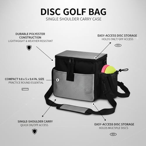 Compact Disc Golf Bag with Single Shoulder Strap, Lightweight Polyester Carrier for Putters and Mid-Range Discs, Black